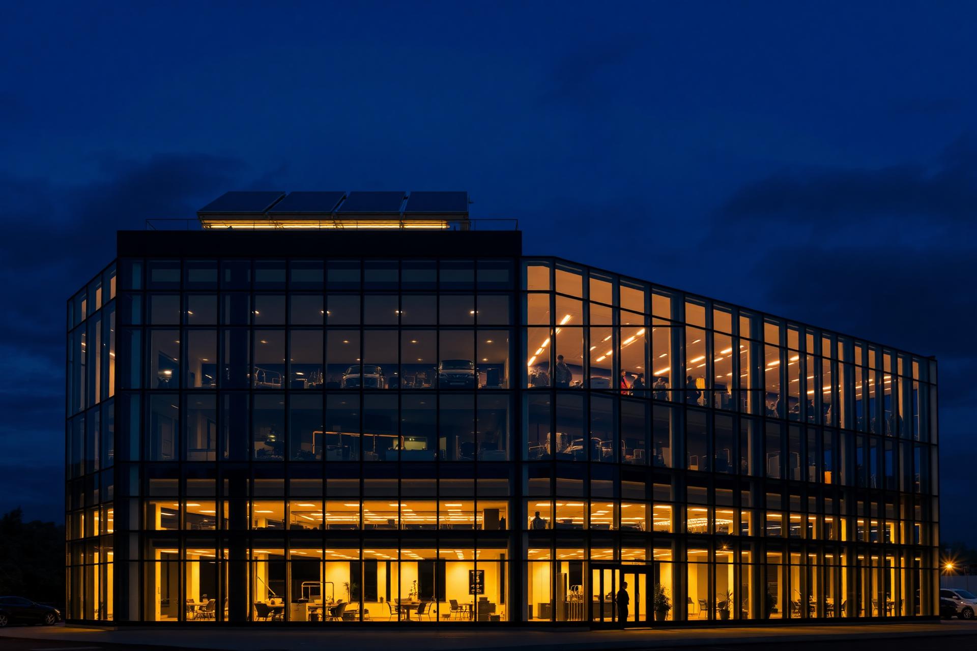 Modern energy-efficient commercial building illuminated at dusk with rooftop solar panels